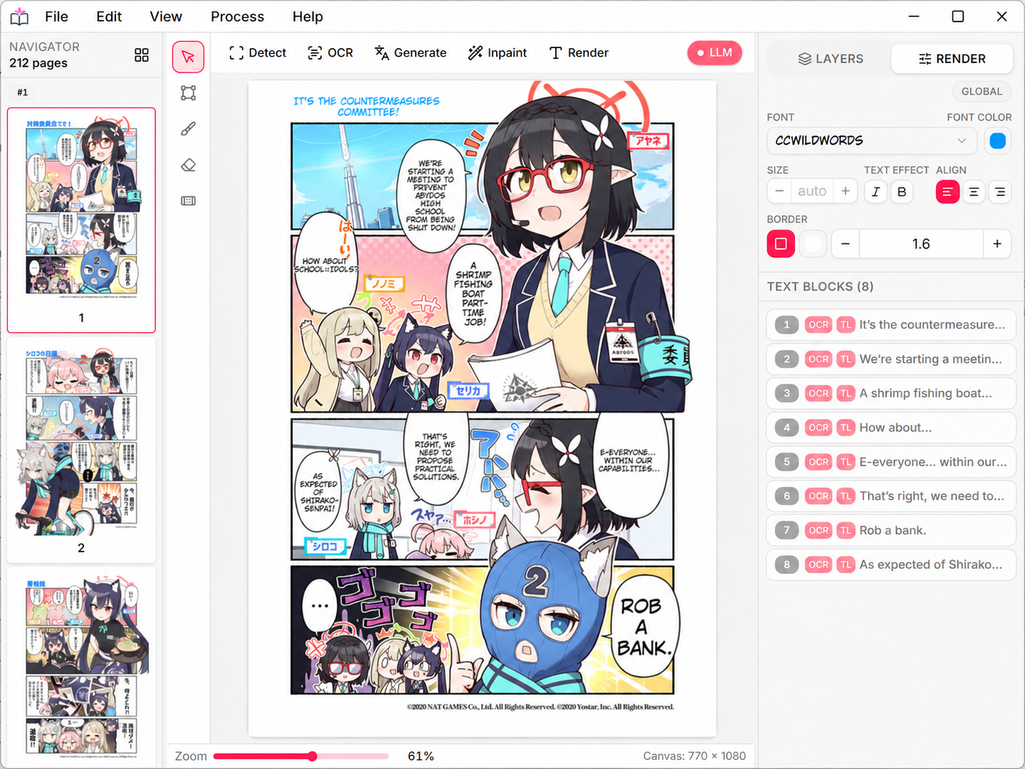 Yomika editing a translated manga page
